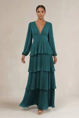 V - Neck Tiered A - Line Long Sleeve Bridesmaid Dress in Pine - KissProm Bridesmaid Dresses
