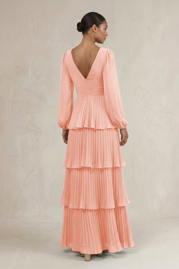 V - Neck Tiered A - Line Long Sleeve Bridesmaid Dress in Rose Petal - KissProm Bridesmaid Dresses