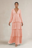 V - Neck Tiered A - Line Long Sleeve Bridesmaid Dress in Rose Petal - KissProm Bridesmaid Dresses