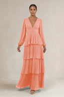 V - Neck Tiered A - Line Long Sleeve Bridesmaid Dress in Rosette - KissProm Bridesmaid Dresses
