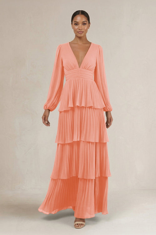 V - Neck Tiered A - Line Long Sleeve Bridesmaid Dress in Rosette - KissProm Bridesmaid Dresses