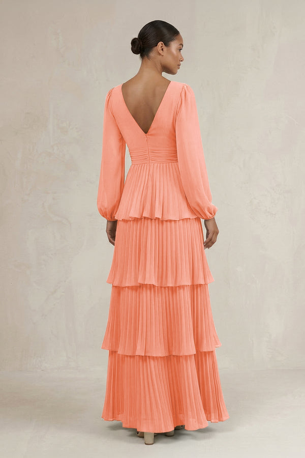 V - Neck Tiered A - Line Long Sleeve Bridesmaid Dress in Rosette - KissProm Bridesmaid Dresses