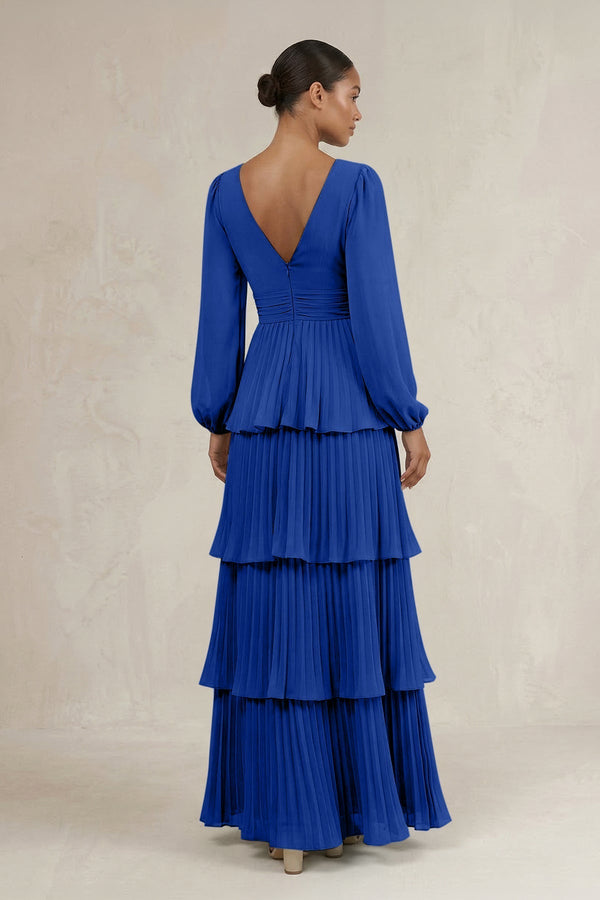 V - Neck Tiered A - Line Long Sleeve Bridesmaid Dress in Royal Blue - KissProm Bridesmaid Dresses