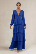V - Neck Tiered A - Line Long Sleeve Bridesmaid Dress in Royal Blue - KissProm Bridesmaid Dresses