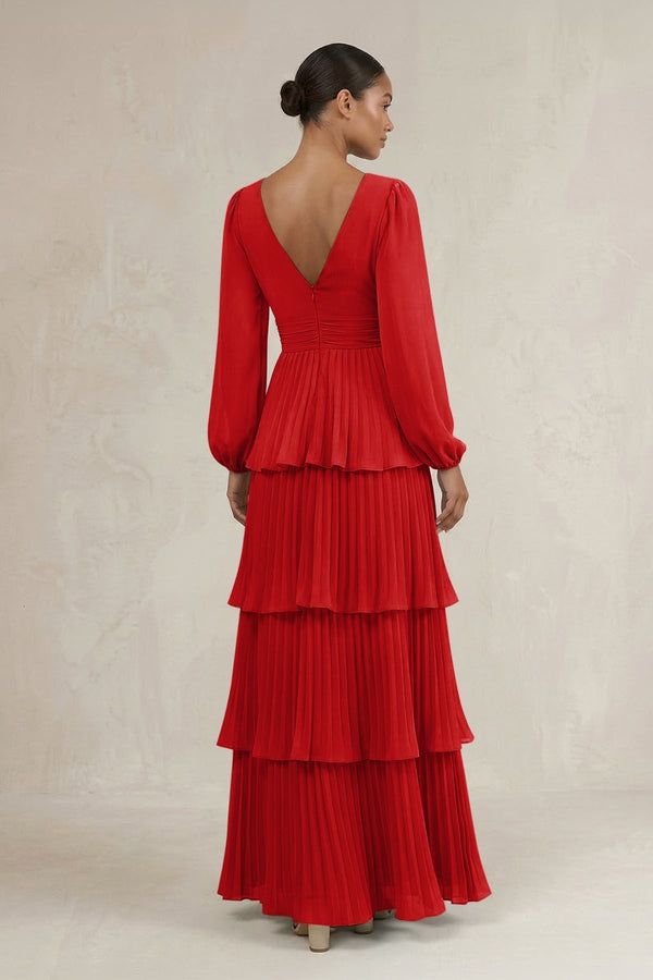 V - Neck Tiered A - Line Long Sleeve Bridesmaid Dress in Ruby Red - KissProm Bridesmaid Dresses