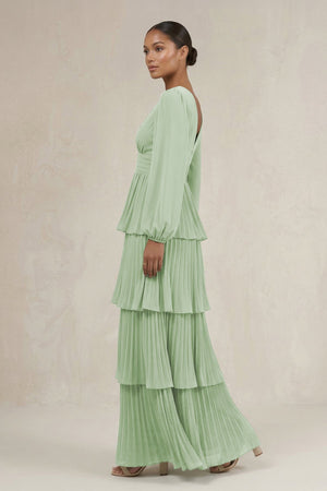 V - Neck Tiered A - Line Long Sleeve Bridesmaid Dress in Sage - KissProm Bridesmaid Dresses