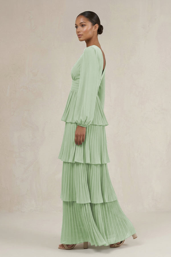 V - Neck Tiered A - Line Long Sleeve Bridesmaid Dress in Sage - KissProm Bridesmaid Dresses