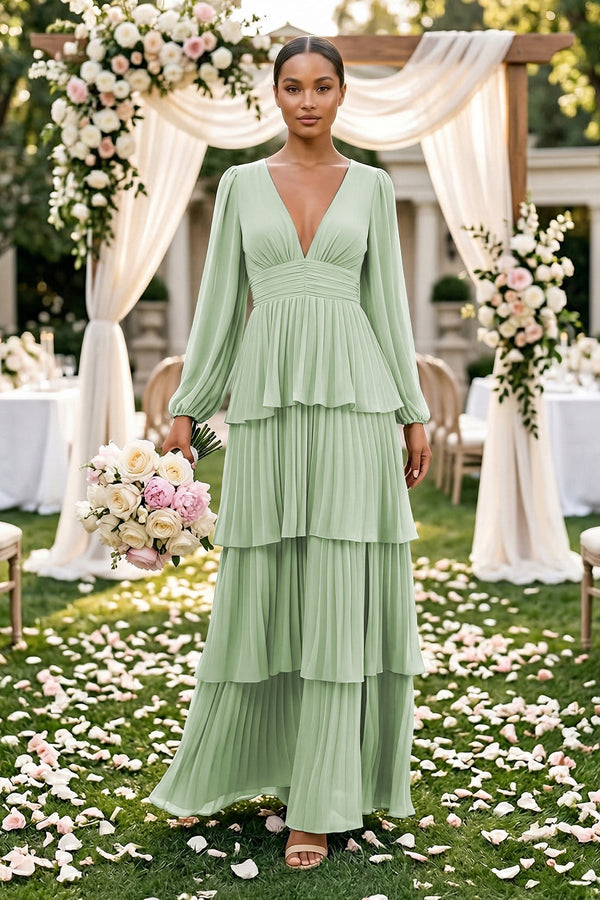 V-Neck Tiered A-Line Long Sleeve Bridesmaid Dress in Sage, Sage / 10 V-Neck Tiered A-Line Long Sleeve Bridesmaid Dress in Sage, Sage / 10