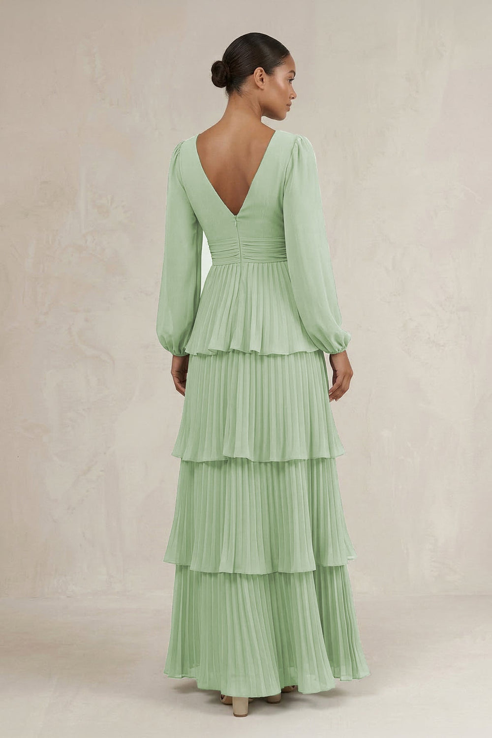 V - Neck Tiered A - Line Long Sleeve Bridesmaid Dress in Sage - KissProm Bridesmaid Dresses