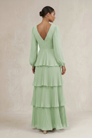 V - Neck Tiered A - Line Long Sleeve Bridesmaid Dress in Sage - KissProm Bridesmaid Dresses