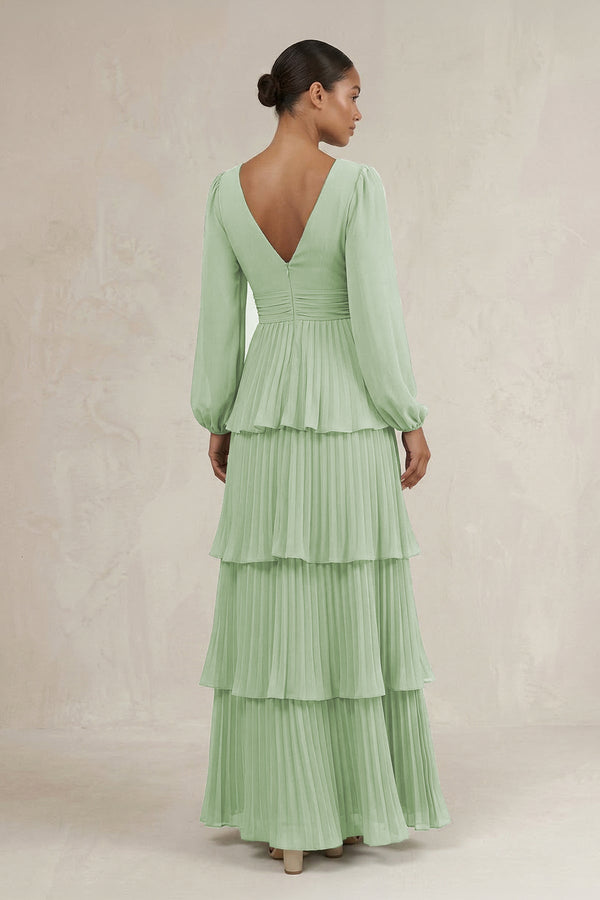 V - Neck Tiered A - Line Long Sleeve Bridesmaid Dress in Sage - KissProm Bridesmaid Dresses