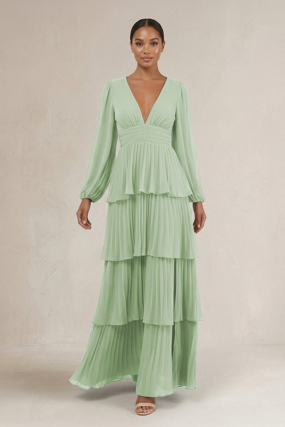 V - Neck Tiered A - Line Long Sleeve Bridesmaid Dress in Sage - KissProm Bridesmaid Dresses