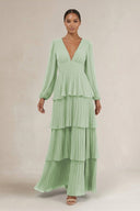 V - Neck Tiered A - Line Long Sleeve Bridesmaid Dress in Sage - KissProm Bridesmaid Dresses