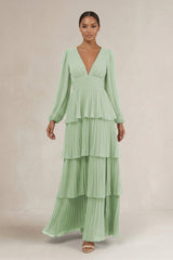 V - Neck Tiered A - Line Long Sleeve Bridesmaid Dress in Sage - KissProm Bridesmaid Dresses