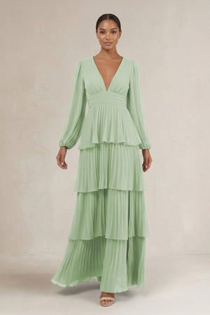 V - Neck Tiered A - Line Long Sleeve Bridesmaid Dress in Sage - KissProm Bridesmaid Dresses