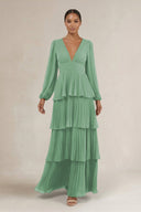 V - Neck Tiered A - Line Long Sleeve Bridesmaid Dress in Sea Glass - KissProm Bridesmaid Dresses