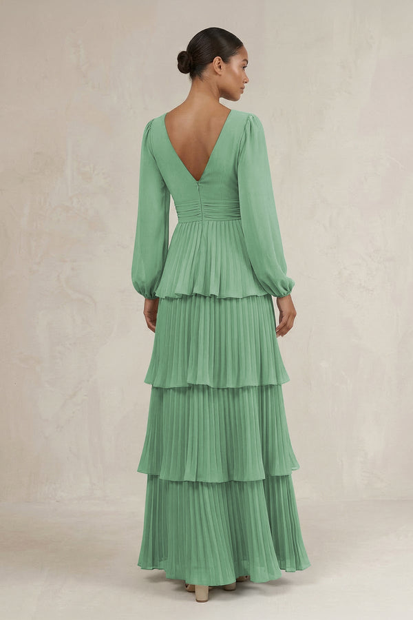 V - Neck Tiered A - Line Long Sleeve Bridesmaid Dress in Sea Glass - KissProm Bridesmaid Dresses