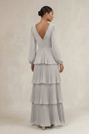 V - Neck Tiered A - Line Long Sleeve Bridesmaid Dress in Silver - KissProm Bridesmaid Dresses