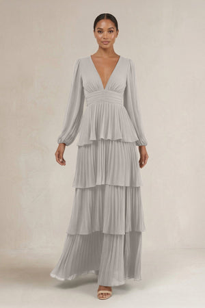 V - Neck Tiered A - Line Long Sleeve Bridesmaid Dress in Silver - KissProm Bridesmaid Dresses