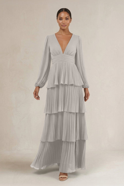 V - Neck Tiered A - Line Long Sleeve Bridesmaid Dress in Silver - KissProm Bridesmaid Dresses