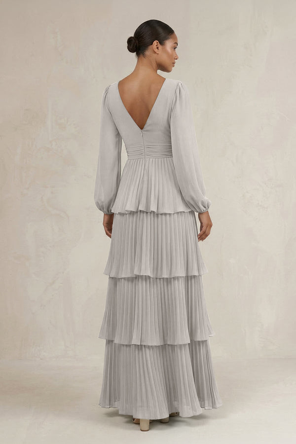V - Neck Tiered A - Line Long Sleeve Bridesmaid Dress in Silver - KissProm Bridesmaid Dresses