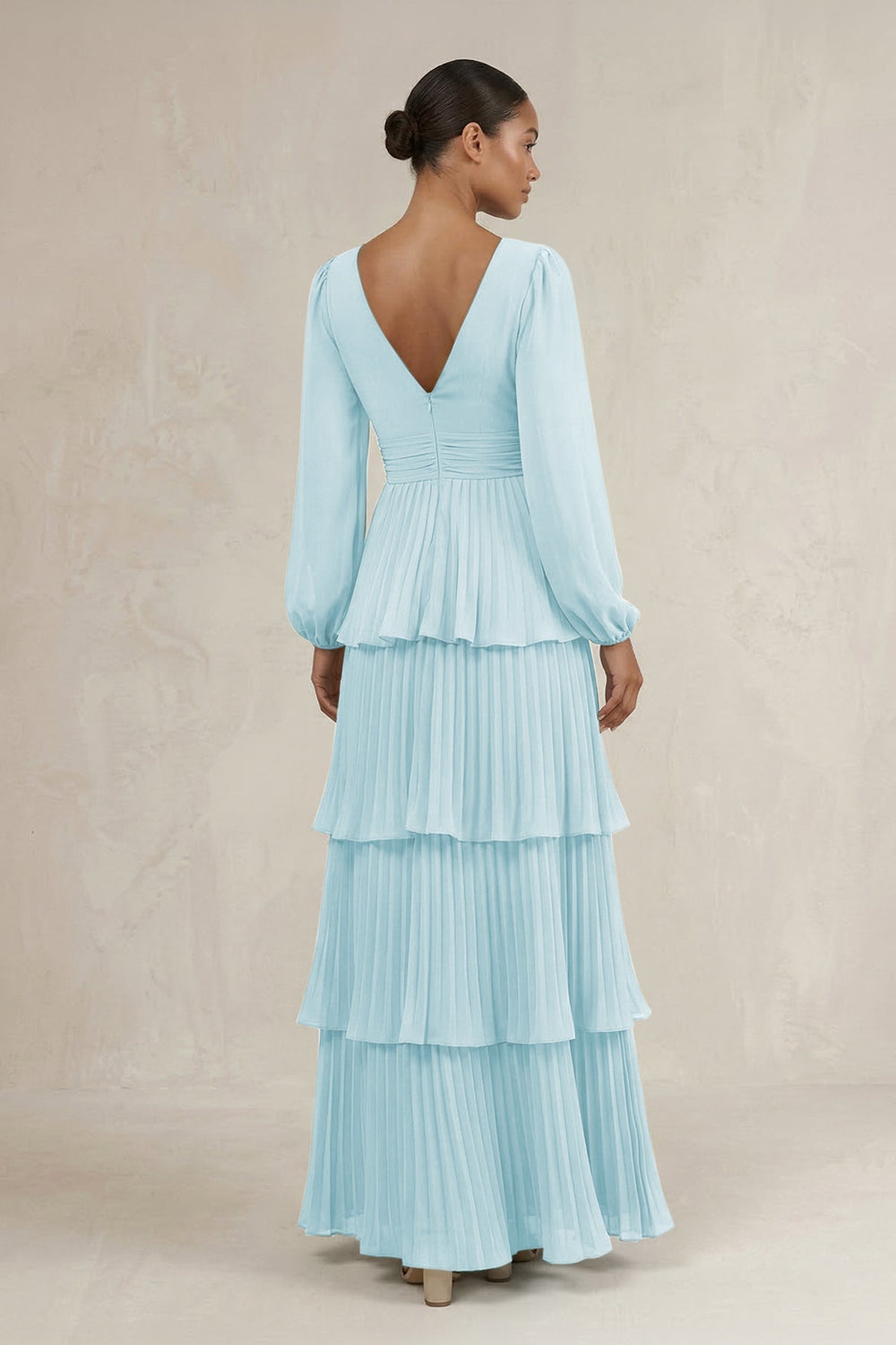 V - Neck Tiered A - Line Long Sleeve Bridesmaid Dress in Sky Blue - KissProm Bridesmaid Dresses
