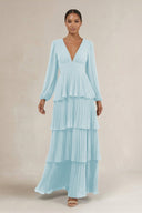 V - Neck Tiered A - Line Long Sleeve Bridesmaid Dress in Sky Blue - KissProm Bridesmaid Dresses