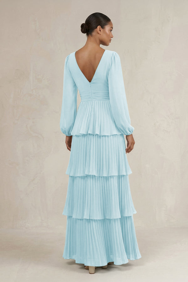 V - Neck Tiered A - Line Long Sleeve Bridesmaid Dress in Sky Blue - KissProm Bridesmaid Dresses