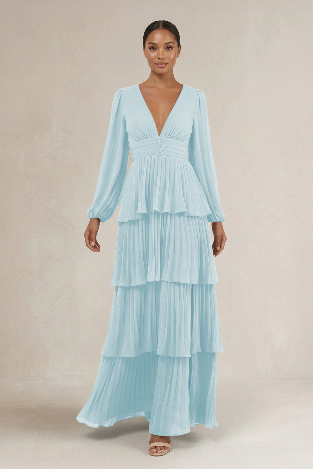 V - Neck Tiered A - Line Long Sleeve Bridesmaid Dress in Sky Blue - KissProm Bridesmaid Dresses