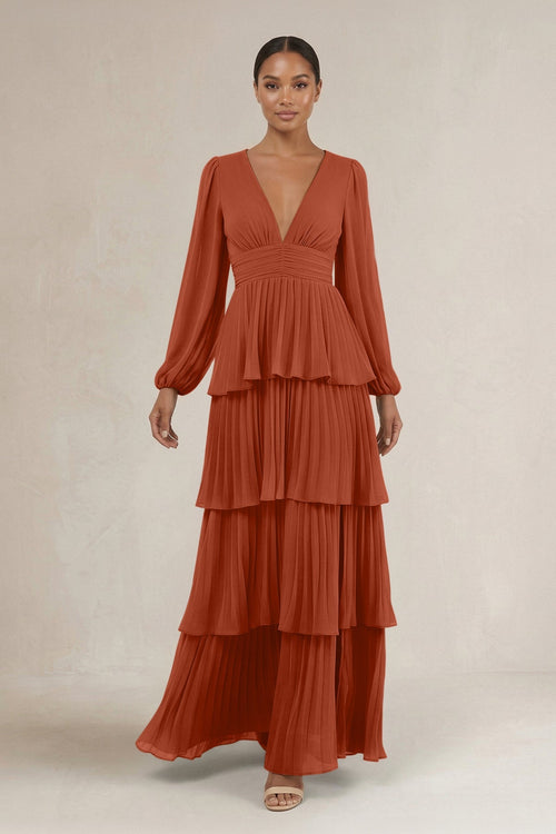V - Neck Tiered A - Line Long Sleeve Bridesmaid Dress in Spice - KissProm Bridesmaid Dresses