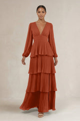 V - Neck Tiered A - Line Long Sleeve Bridesmaid Dress in Spice - KissProm Bridesmaid Dresses