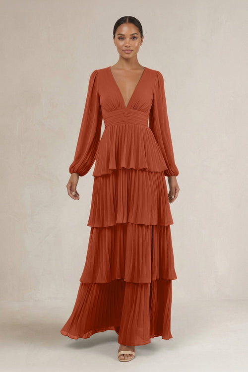 V - Neck Tiered A - Line Long Sleeve Bridesmaid Dress in Spice - KissProm Bridesmaid Dresses