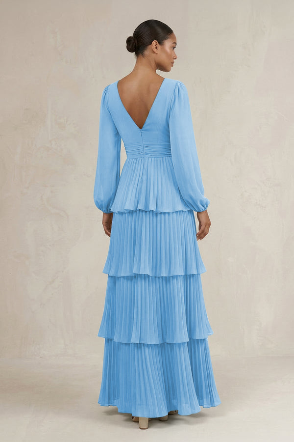 V - Neck Tiered A - Line Long Sleeve Bridesmaid Dress in Steel Blue - KissProm Bridesmaid Dresses
