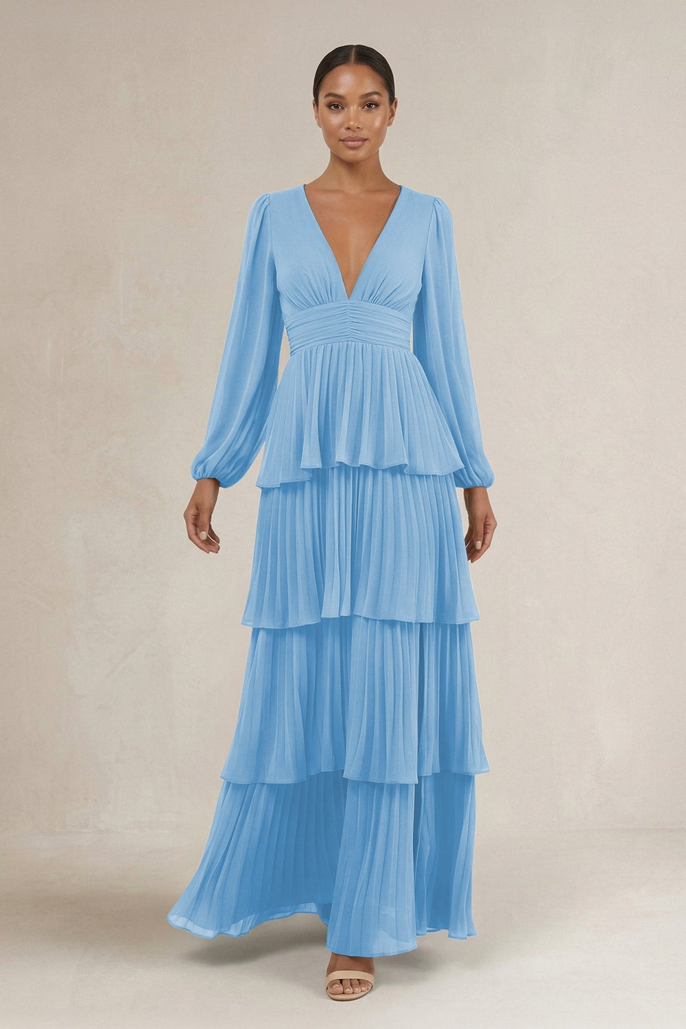 V - Neck Tiered A - Line Long Sleeve Bridesmaid Dress in Steel Blue - KissProm Bridesmaid Dresses