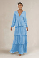 V - Neck Tiered A - Line Long Sleeve Bridesmaid Dress in Steel Blue - KissProm Bridesmaid Dresses
