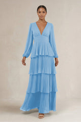 V - Neck Tiered A - Line Long Sleeve Bridesmaid Dress in Steel Blue - KissProm Bridesmaid Dresses