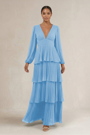 V - Neck Tiered A - Line Long Sleeve Bridesmaid Dress in Steel Blue - KissProm Bridesmaid Dresses