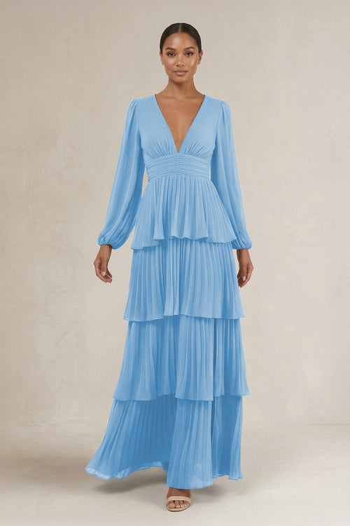 V - Neck Tiered A - Line Long Sleeve Bridesmaid Dress in Steel Blue - KissProm Bridesmaid Dresses
