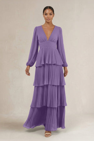 V - Neck Tiered A - Line Long Sleeve Bridesmaid Dress in Tahiti - KissProm Bridesmaid Dresses
