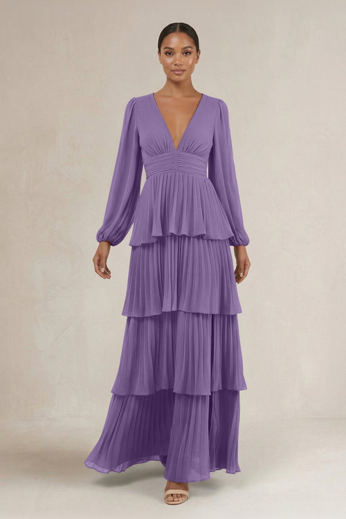 V - Neck Tiered A - Line Long Sleeve Bridesmaid Dress in Tahiti - KissProm Bridesmaid Dresses