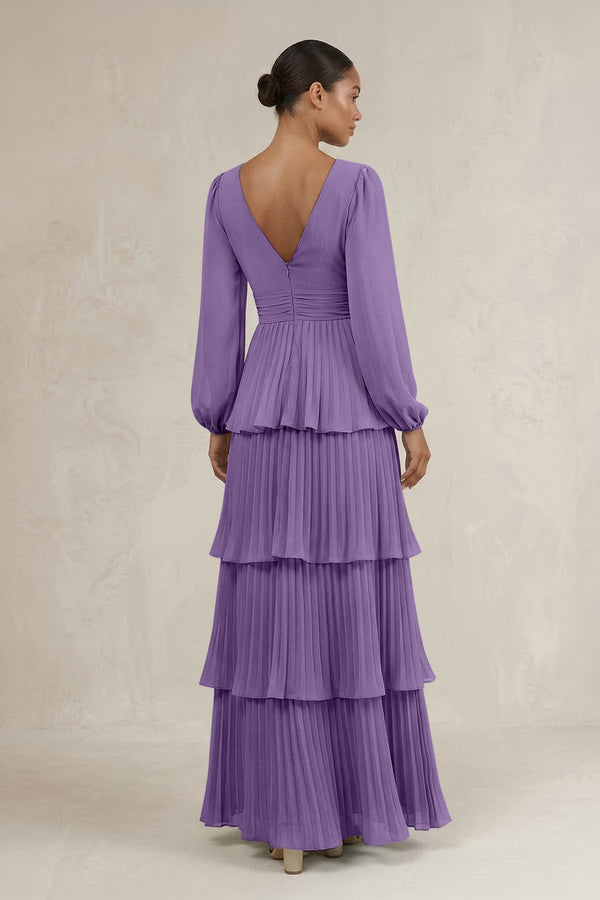 V - Neck Tiered A - Line Long Sleeve Bridesmaid Dress in Tahiti - KissProm Bridesmaid Dresses
