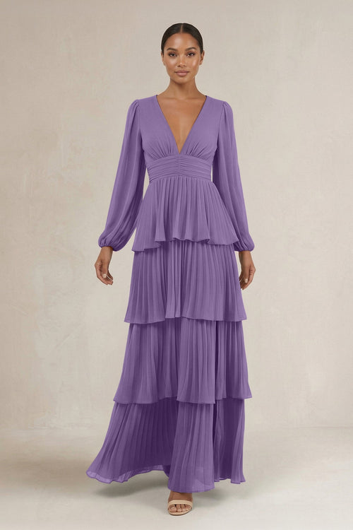 V - Neck Tiered A - Line Long Sleeve Bridesmaid Dress in Tahiti - KissProm Bridesmaid Dresses