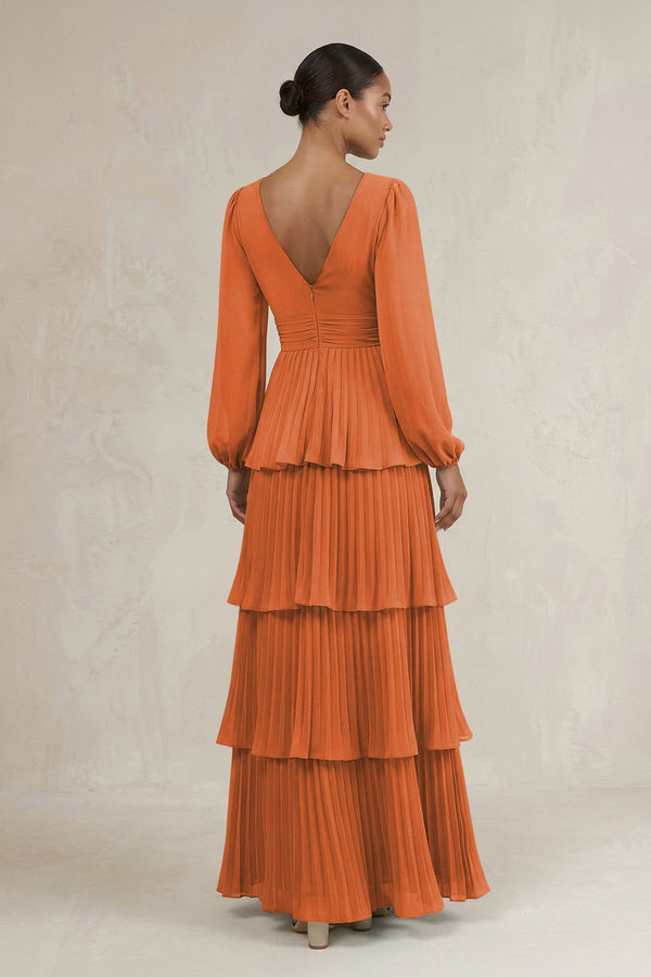 V - Neck Tiered A - Line Long Sleeve Bridesmaid Dress in Terracotta - KissProm Bridesmaid Dresses