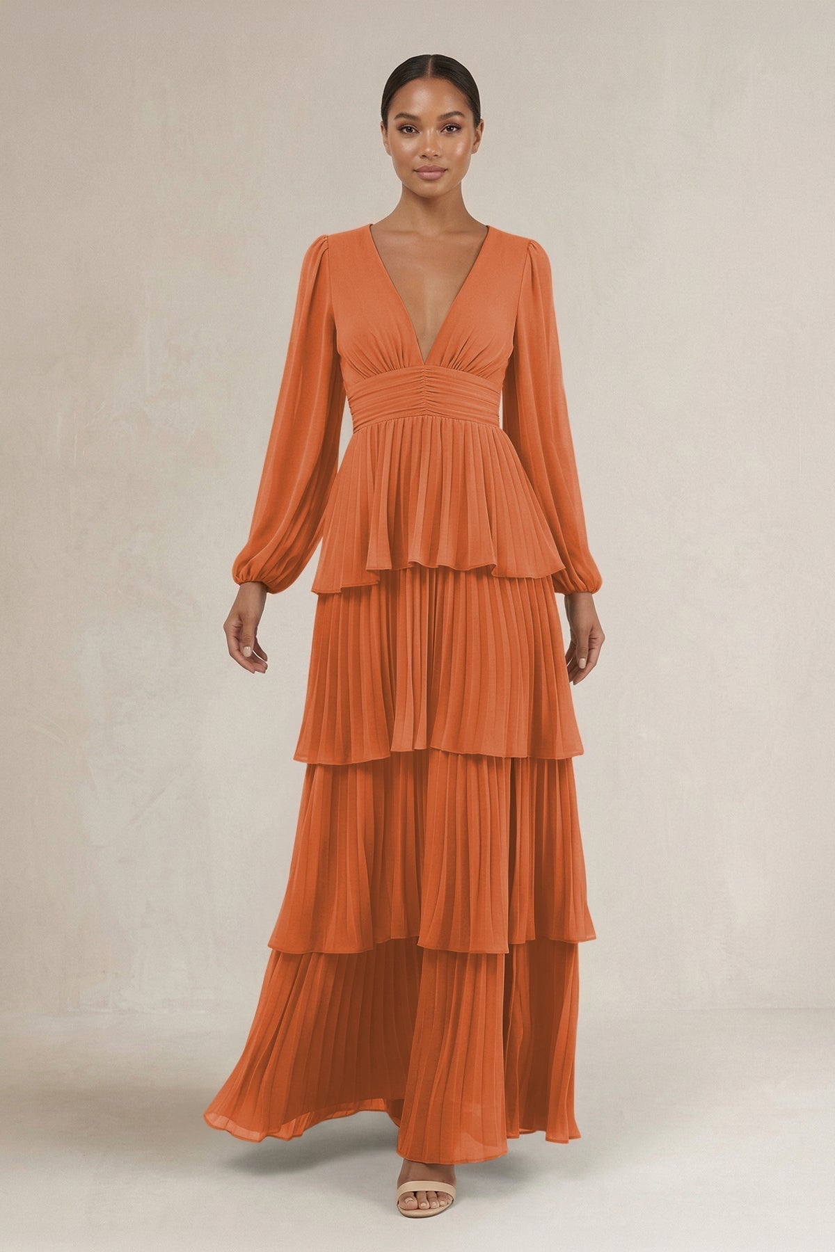 KissProm V-Neck Tiered A-Line Long Sleeve Bridesmaid Dress in Terracotta, Terracotta / 6