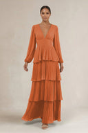 V - Neck Tiered A - Line Long Sleeve Bridesmaid Dress in Terracotta - KissProm Bridesmaid Dresses