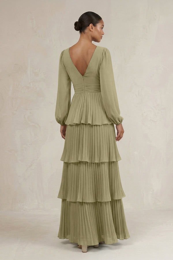 V - Neck Tiered A - Line Long Sleeve Bridesmaid Dress in Thyme - KissProm Bridesmaid Dresses