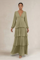 V - Neck Tiered A - Line Long Sleeve Bridesmaid Dress in Thyme - KissProm Bridesmaid Dresses