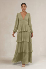 V - Neck Tiered A - Line Long Sleeve Bridesmaid Dress in Thyme - KissProm Bridesmaid Dresses