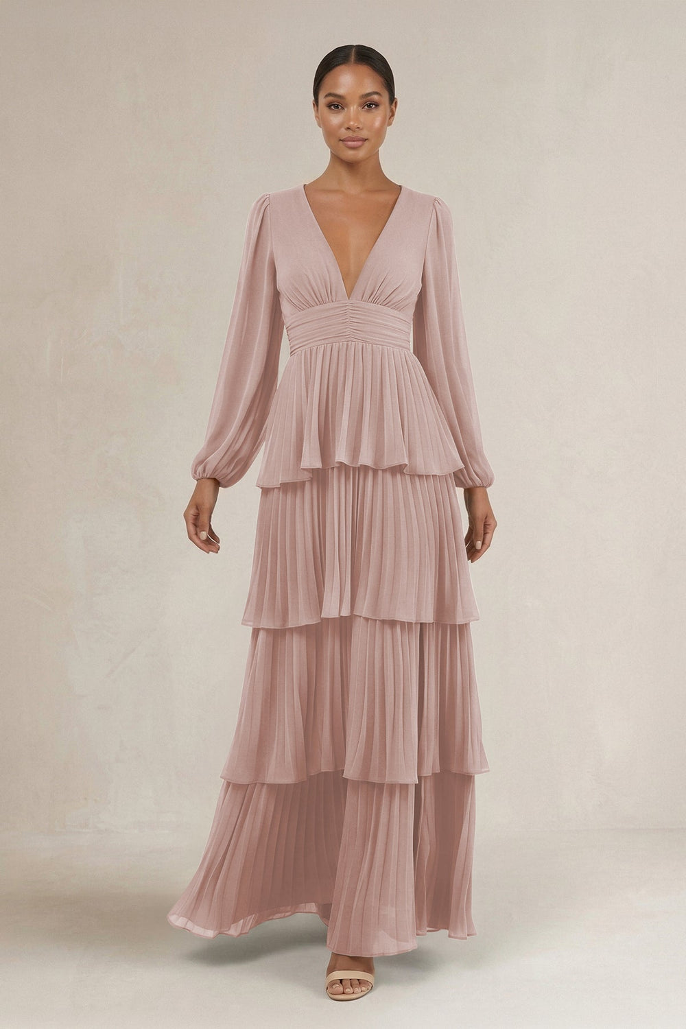 V - Neck Tiered A - Line Long Sleeve Bridesmaid Dress in Toffee - KissProm Bridesmaid Dresses