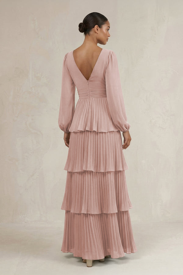V - Neck Tiered A - Line Long Sleeve Bridesmaid Dress in Toffee - KissProm Bridesmaid Dresses